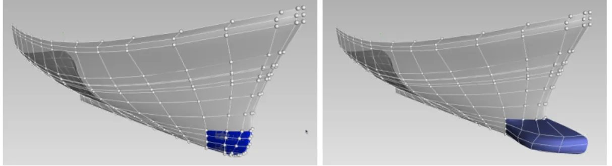 Figure 5: Initial shape (left) and deformed shape to generate a bow (right) for the trawler ship.