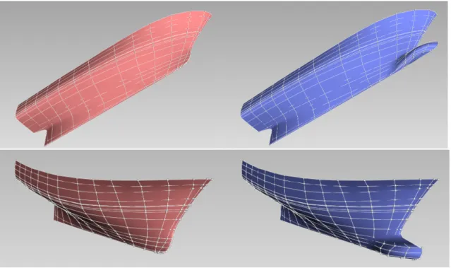 Figure 1: Initial shape (left) and deformed shape to generate a bow (right) for a trawler ship.