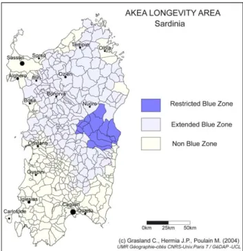 Fig. 2. Final shaping of the ‘Blue Zone’or Extended Blue Zone (EBZ) including the Restricted Blue Zone (RBZ), both as a cluster of contiguous communes and using Gaussian smoothing method with appropriate distance for each municipality in order to get a sig