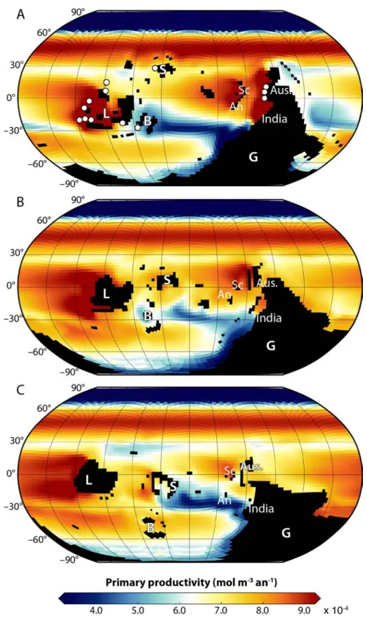 Figure 1: Surface primary productivity simulated at 440 Ma (A), 460 Ma (B) and 480 Ma (C)