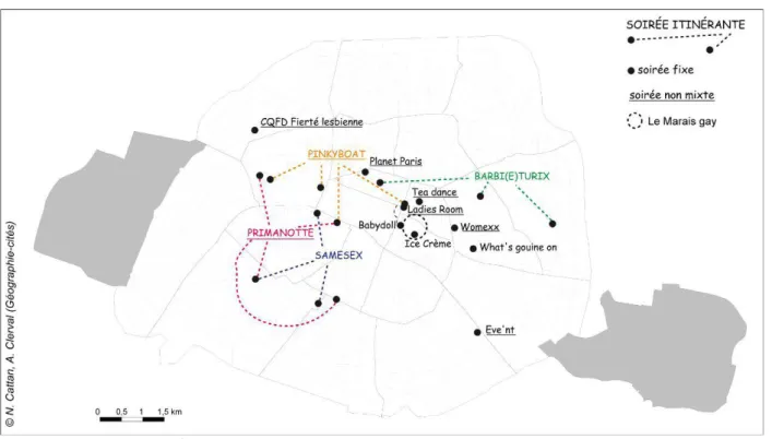 Figure 8.  Geography of lesbian parties in Paris since 2000  Lesbian parties criss-cross Paris 