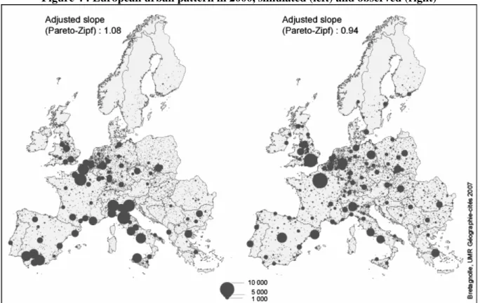 Figure 4 : European urban pattern in 2000, simulated (left) and observed (right) 