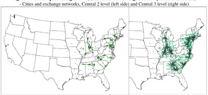 Figure 5 : Urban space filling in 1870, (simulated networks generated by central functions)  - Cities and exchange networks, Central 2 level (left side) and Central 3 level (right side) 