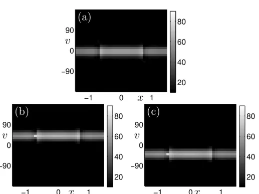 Figure 8: Three possible direction-selected solutions. Panels (a), (b) and (c) show, for λ = 14, k = 0.3, three possible direction-selected solutions  correspond-ing to the unstable diagonal (D), stable vertical (V) and stable horizontal (H) percepts , res