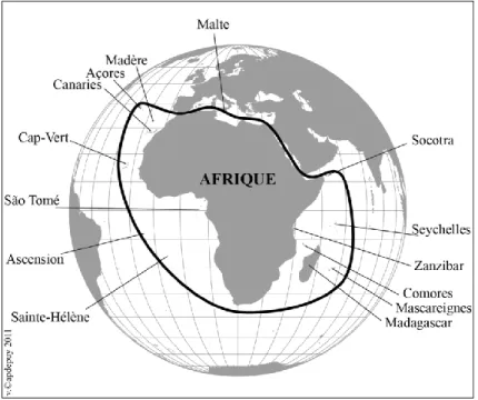 Figure 2. Les îles de l’Afrique (d’après D’Avezac) : la ligne noire, tracée de manière à  englober toutes ces îles, donne ainsi la limite de l’Afrique, sinon comme continent, au sens 