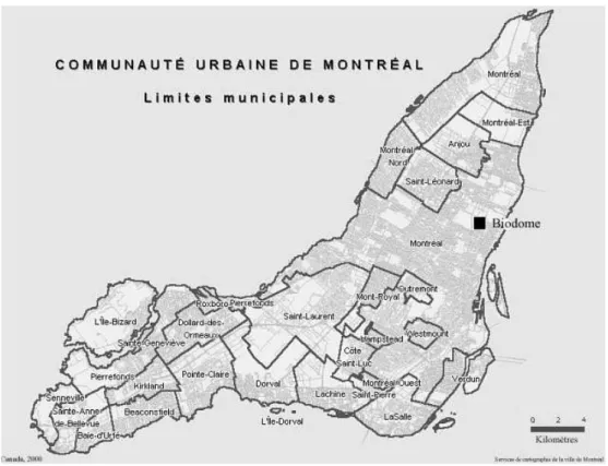 Figure 1 : La C.U.M, 2000, carte des services de la ville de Montréal retouchée par l'auteur  Pendant les années 1980, il apparaît que le vélodrome est constamment sous-utilisé, ce  qui entraîne de gros déficits d’exploitation