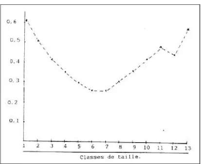 Figure 5 : Valeurs de l’indice d’autocorrélation spatiale selon les classes de taille