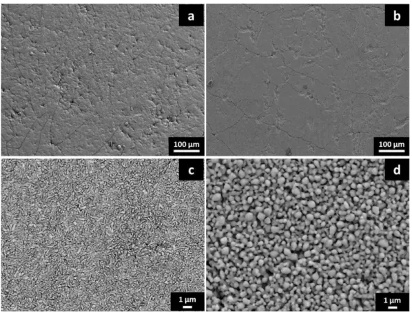 Figure 5. Surface microstructure of samples with RMS (a,c) and SP cathodes (b,d) with  different magnifications