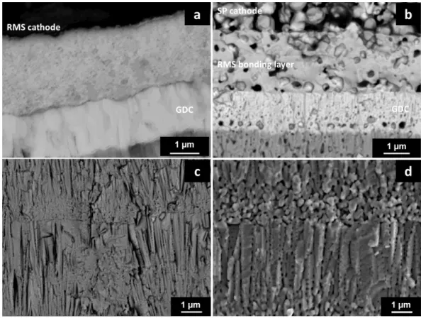 Figure 7. Cross section of samples with RMS (a,c), and RMS+SP (b,d) samples. Zoom on  RMS nickelate lanthanum layer (a,b)