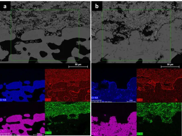 Figure 8. EDS mapping of the porous metallic support after complete cell tests with RMS  (a) and SP (b) samples