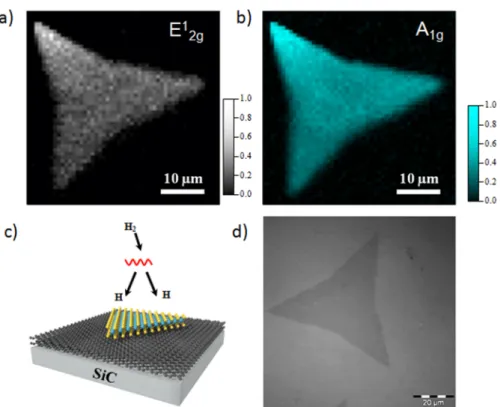 Figure 1. (a,b) Micro-Raman maps of E 1 2g and A 1g peaks of the MoS 2 on epitaxial graphene