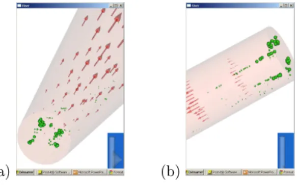 Figure 3: Different views of the flow during simulation: (a) The four crude oil feed inlets with green liquid droplets and red gas velocity arrows; (b) another transversal view of the liquid oil jets.