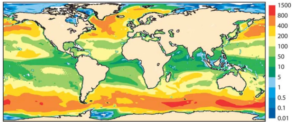 Figure 3. Source of sea-salt aerosols for April 2003 with the LSCE/ECMWF formulation (in units of g m 2 a 1 ).