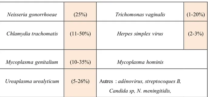 Tableau  0 4 : Pathogènes  de l’urétrite  et prévalence.   [61] 