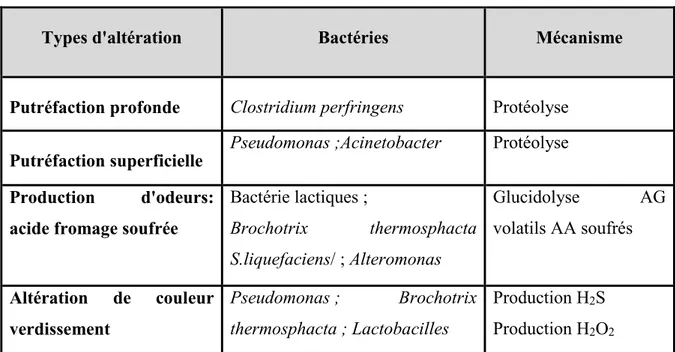 Tableau 2  : Germes d’altération de la viande  (Chougui, 2015).   