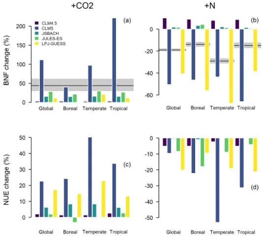 Figure 7. Averaged 1996–2005 responses in biological nitrogen fixation (BNF) and nitrogen-use efficiency (NUE; see Eq