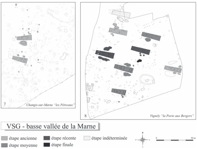 Fig. 6 – Plans des villages de la basse vallée de la Marne selon les étapes chronologiques du Villeneuve-Saint-Germain (VSG)