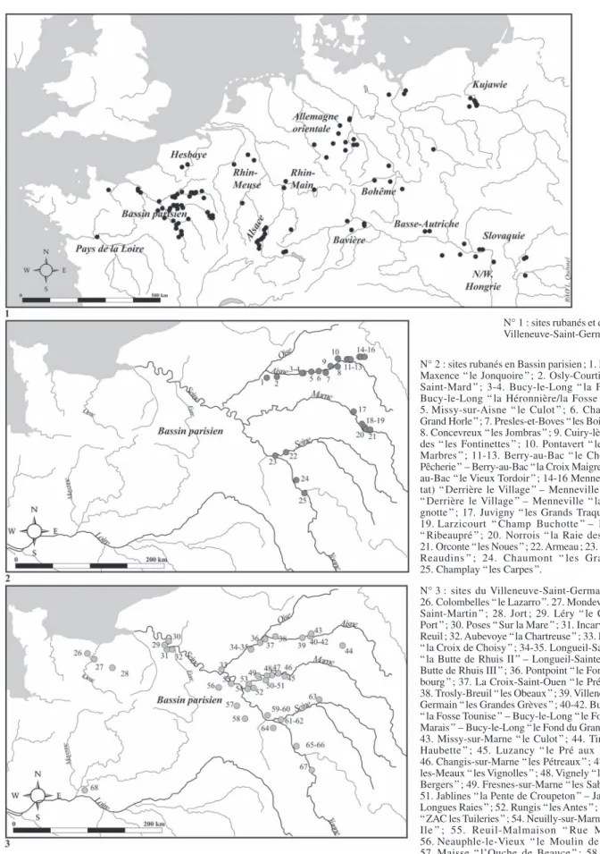 Fig. 1 – Répartition en Europe tempérée des sites danubiens du Rubané  et du post-Rubané comportant des restes de faune étudiés ou en cours d’étude.