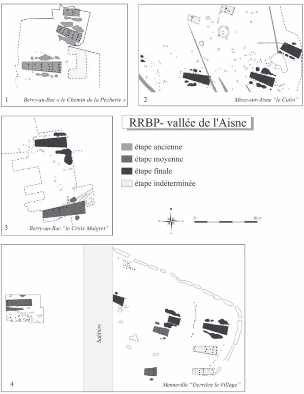 Fig. 4 – Plans des villages de la vallée de l’Aisne selon les étapes chronologiques du Rubané récent du Bassin parisien (RRBP)