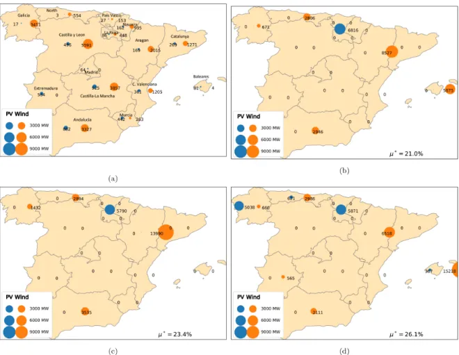 Figure 3. Maps representing renewable IC in Spain for PV (blue) and wind (orange). (a) REE-reported 2018 mix