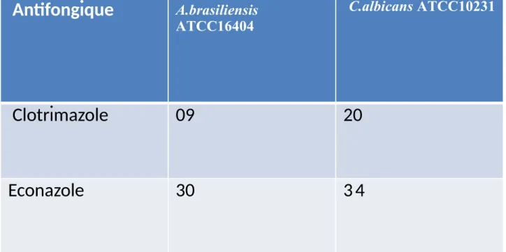 Tableau n°02: Zone d’inhibition des antifongiques sur C.albicans et  A.brasiliensis.  Antifongique A.brasiliensis  ATCC16404   C.albicans ATCC10231  Clotrimazole 09 20 Econazole 30 34