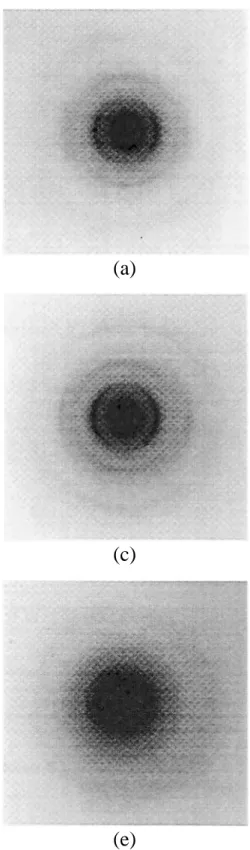 Fig. 6: Electron  SAD  patterns  of:  (a)  material  I,  (b)  material  II,  (c)  material III, (d) material IV and (e) material V