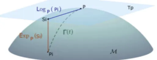 Figure 1. Tangent space at point P, S i a tangent vector at P and Γ i (t) the geodesic between P and P i .