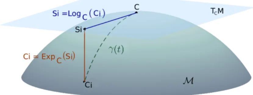 Figure 1: Manifold M and the corresponding local tangent space T C M at C. The Logarithmic map Log C (.) projects the matrix C i ∈ M into the tangent space