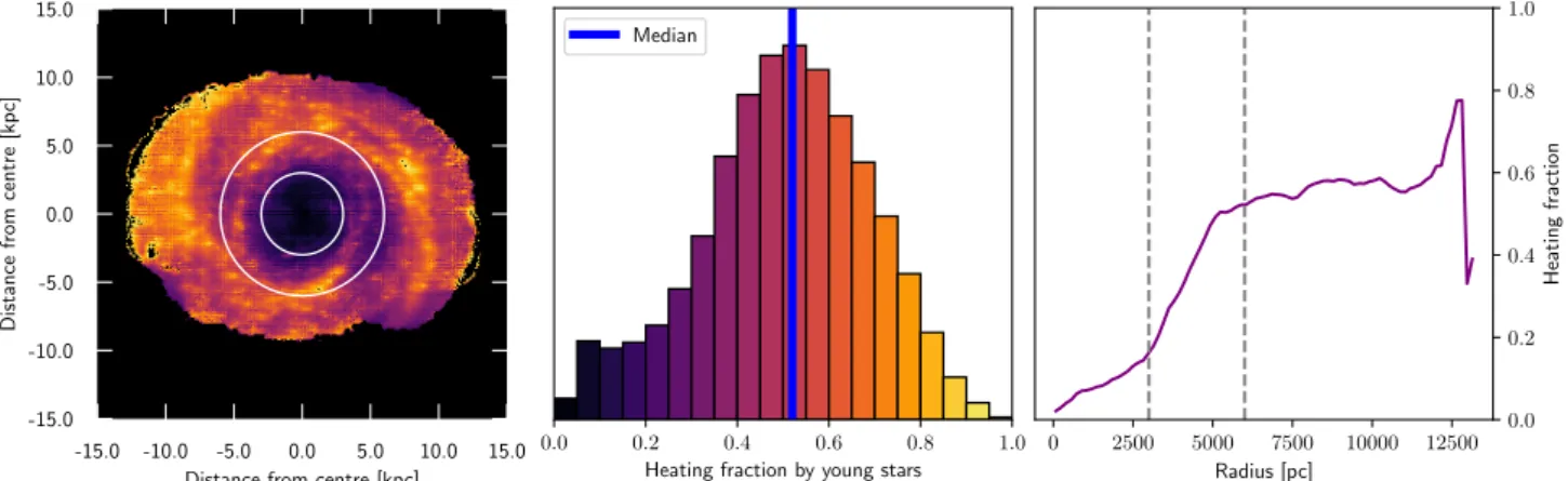 Fig. 9. Left panel: face-on map of f young , the heating fraction by young stars, as obtained from the 3D dust cell data