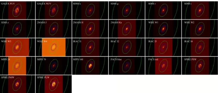 Fig. 1. Photometry thumbnail image grid for M 81. The blue ellipse in each image is the master ellipse used for the determination of the integrated flux