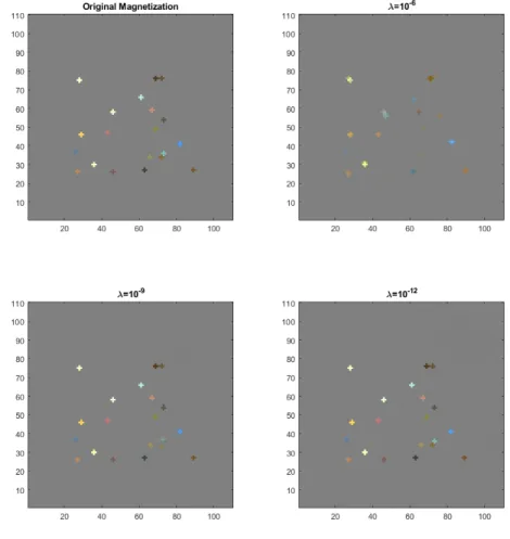 Figure 2. Example for a Sparse Magnetization. Each figure shows for its respective magnetization the magnitude and direction of its dipoles by representing different vectors with diferent colors