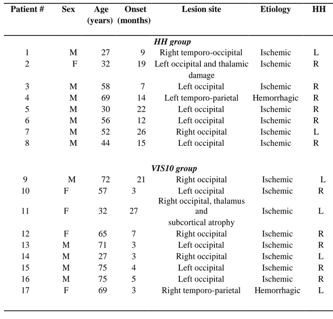 Table 1: Demographic and clinical data. M, male; F, female; Onset: the time elapsed between lesion  onset  and  the  testing  session;  L,  left;  R,  right;  HH,  homonymous  hemianopia;  “HH  group” 