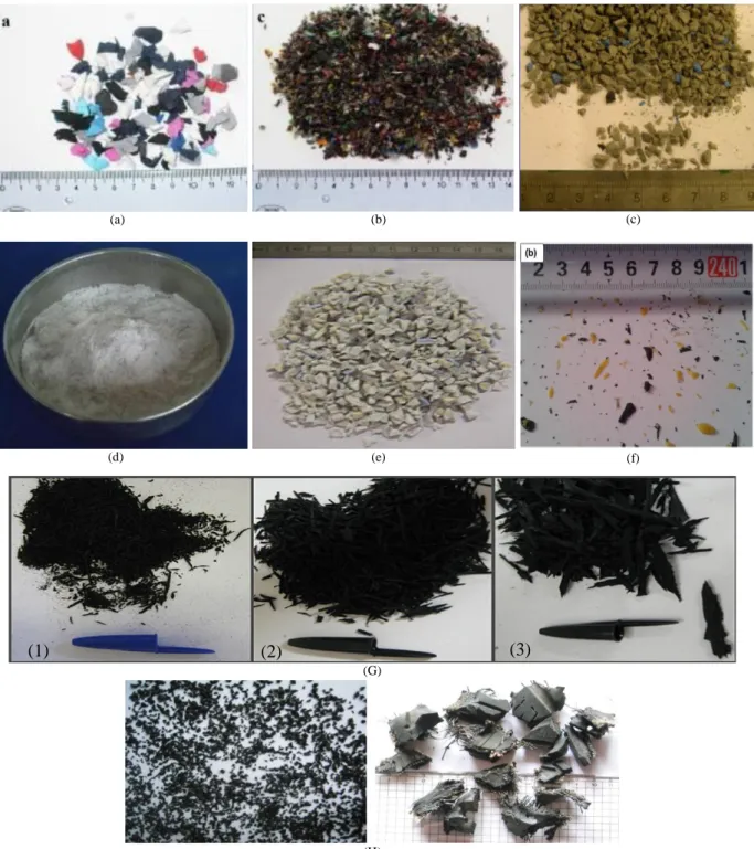 Figure I.5 : Type des agrégats plastiques utilisés dans le béton / mortier. (a) Ethylène- Ethylène-acétate de vinyle - (EVA) (4/8 mm) [43], (b) Câbles en polychlorure de vinyle (PVC) (0/4 