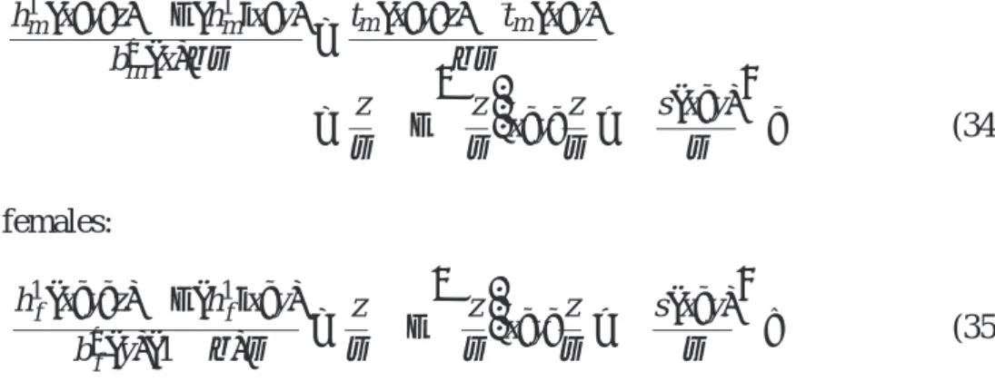 Figure 7a shows the estimated income effects, − b ′ m (x) and − b ′ f (y), obtained with β = 0.5 and σ = 1000, together with B m (x) and B f (y) (see appendix for estimation details)