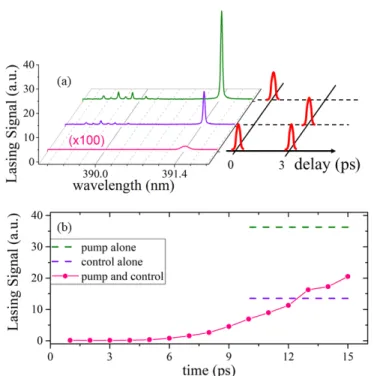 Fig. 1. a) Time-integrated lasing signal in the forward direc- direc-tion obtained with a 800 nm pump pulse of 45 fs duradirec-tion, NA=0.0125