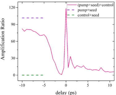 Fig. 4. Pink curve: Time-integrated amplification ratio as a function of delay between a fixed pump and a scanned  con-trol pulse at 800 nm