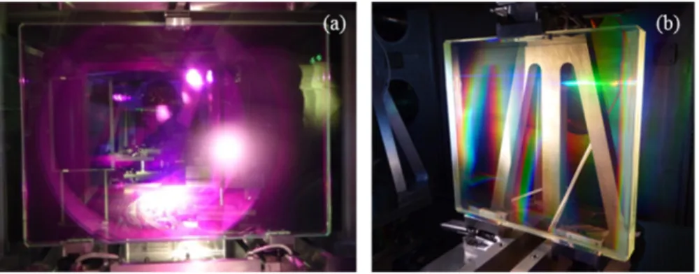 Fig. 19. MT5 leaky mirror with updated design (a) and pulse compression grating after a 1 PW  shot (1030 J, 1 ps) (b)