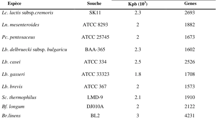 Tableau I.2 Le poids moléculaire de certains génomes de bactéries lactiques et le nombre de  gènes révélés (Mills, 2004) 