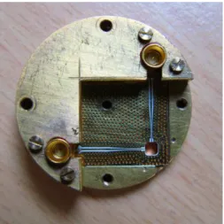 Figure 3. Sample holder showing coplanar waveguide with the 50GHz bandpass designed for the experiment