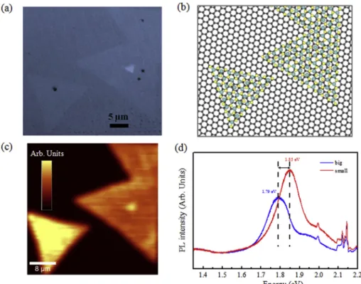 Fig. 3. (a) Optical image of the MoS 2 ﬂakes transferred onto the epitaxial graphene layer, (b) 3D schematic structure of single layer MoS 2 ﬂakes on a graphene supporting substrate;