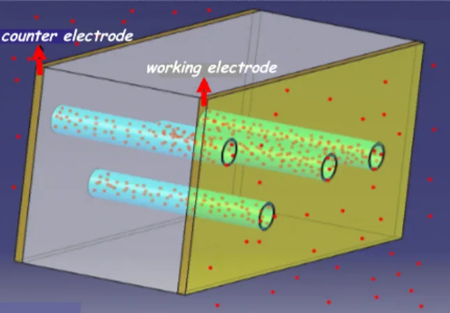 Figure 2. The conception of the sensor in 3D. The red points are heavy-metal ions adsorbing into the nanopores.