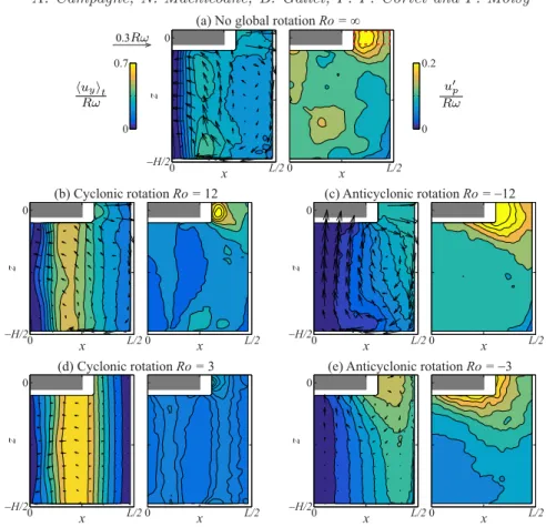 Figure 4. Time-averaged flow (left) and rms fluctuations of the poloidal flow (right), measured by stereoscopic PIV in the frame of the rotating platform