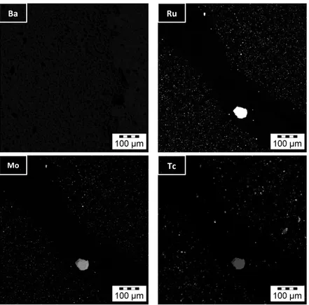 Figure 14: U, Zr, O, Ba, Ru, Mo, and Tc X-ray maps, Zone A’ Sample A 