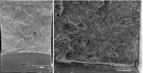 Fig. 7. SEM micrographs of un-irradiated Charpy specimens. A general view of the fracture is  on the left side and detailed view of the fracture close to the notch root is on the right side