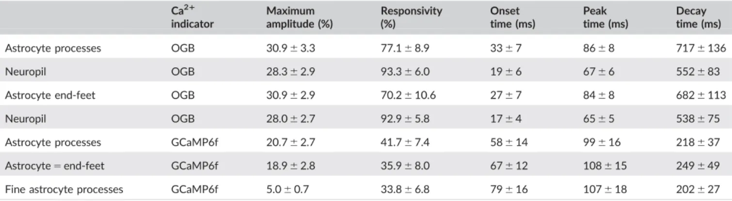 Figure 2f and Table 1), whereas the magnitude of Ca 21 responses was slightly but significantly higher in astrocyte structures compared to neuropil (astrocyte processes 2.3 6 1.6% and astrocyte end-feet 3.9 6 1.2% higher than in neuropil; Figure 2g and Tab