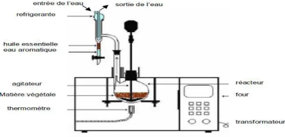 Fig. 3: Principe schématisé de l’appareillage d’hydrodistillation sous micro-ondes    (Lagunez-Rivera, 2006) 
