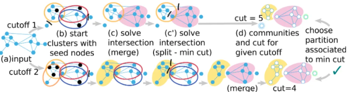 Figure 2. Summary of the algorithm. (a) All ClCo and degrees are computed. Each ClCo value is a cutoff