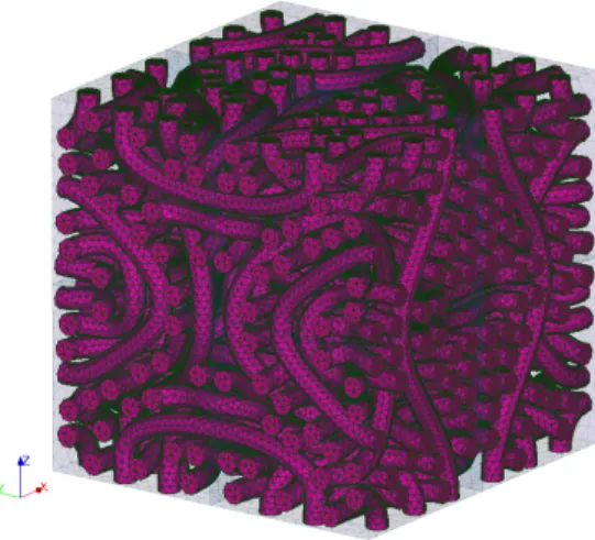 Figure 9: Computational domain containing curved cylinders created by Salome with intra-cellular volume fraction v c = 40.3%