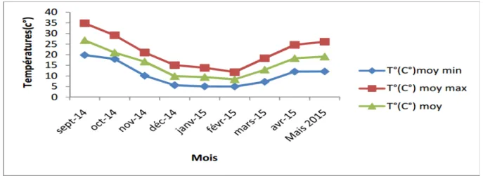 Figure n°41: Courbes comparatifs des températures moyennes annuelles enregistrées dans la                        Wilaya d’Ain Defla pour les périodes (2014-2015)