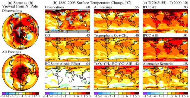Fig. 5. Surface temperature change based on local linear trends for observations and simulations